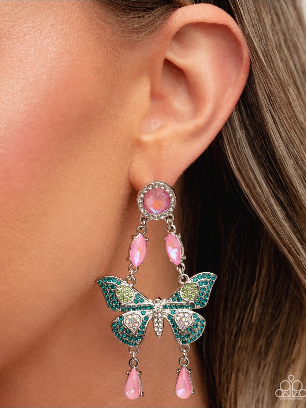 Pink and Teal Butterfly Drop Earrings